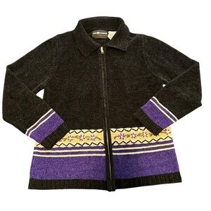 Sag Harbour Petite Medium Vintage collared Black and Purple full zip sweater top